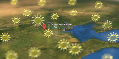 Sunny weather icons near Tianjin city on the map, weather forecast related 3D rendering