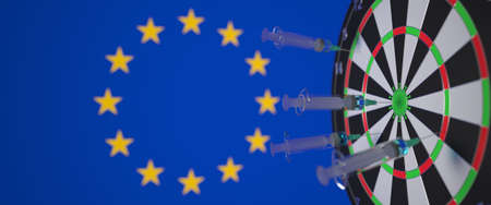 Vaccine syringes with text and flag of the EU as a background. European medical research and...