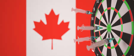 Syringes with a vaccine hit target near the Canadian flag. Successful medical research and vaccination in Canada. Conceptual 3D renderingの写真素材