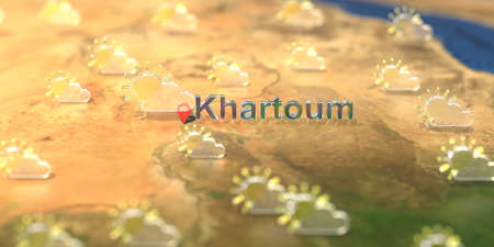 Khartoum city and partly cloudy weather icon on the map, weather forecast related 3D renderingの写真素材