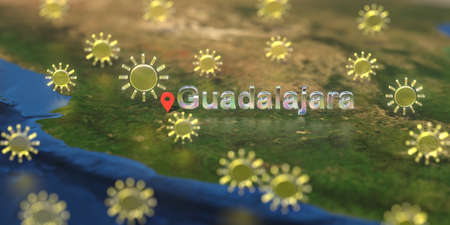 Sunny weather icons near Guadalajara city on the map, weather forecast related 3D rendering