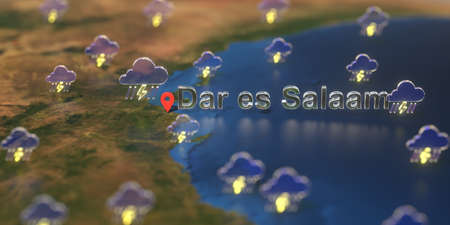 Dar es Salaam city and stormy weather icon on the map, weather forecast related 3D rendering