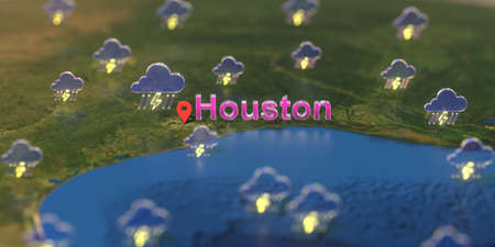 Stormy weather icons near Houston city on the map, weather forecast related 3D renderingの写真素材