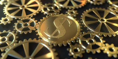 Dollar sign on a golden gear or cog, conceptual financial 3D renderingの写真素材