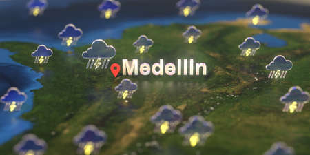 Stormy weather icons near Medellin city on the map, weather forecast related 3D rendering