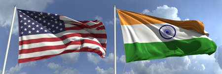 Flying flags of the USA and India on sky background, 3d rendering