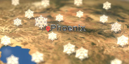 Snowy weather icons near Phoenix city on the map, weather forecast related 3D renderingの写真素材