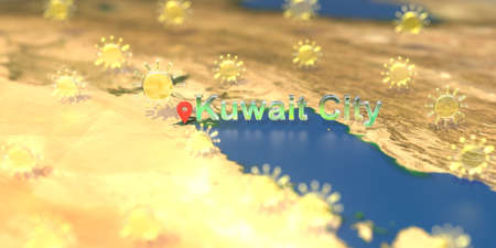 Kuwait city and sunny weather icon on the map, weather forecast related 3D renderingの写真素材