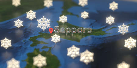 Snowy weather icons near Sapporo city on the map, weather forecast related 3D renderingの写真素材