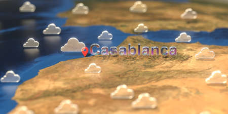 Casablanca city and cloudy weather icon on the map, weather forecast related 3D renderingの写真素材