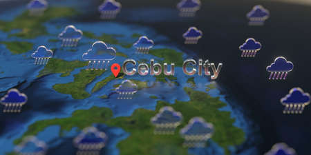 Cebu city and rainy weather icon on the map, weather forecast related 3D rendering