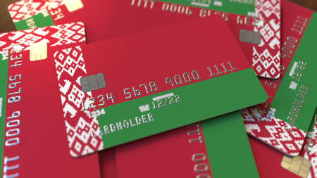 Pile of bank cards with flag of Belarus. 3D renderingの写真素材
