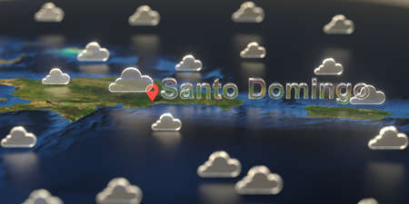 Cloudy weather icons near Santo domingo city on the map, weather forecast related 3D renderingの写真素材