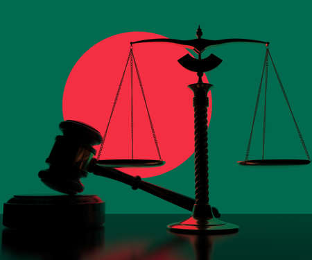 National flag of Bangladesh behind court gavel and scales. 3d renderingの写真素材