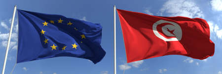 Flying flags of the European Union and Tunisia on sky background, 3d renderingの写真素材