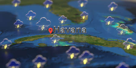Havana city and stormy weather icon on the map, weather forecast related 3D rendering
