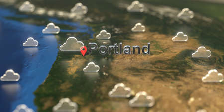 Cloudy weather icons near Portland city on the map, weather forecast related 3D renderingの写真素材