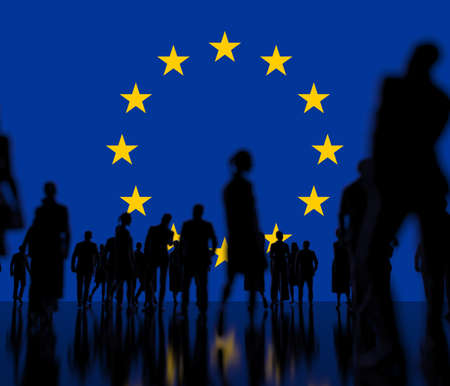 Anonymous people on the flag of the EU background. 3d renderingの写真素材