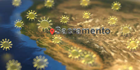 Sunny weather icons near Sacramento city on the map, weather forecast related 3D renderingの写真素材
