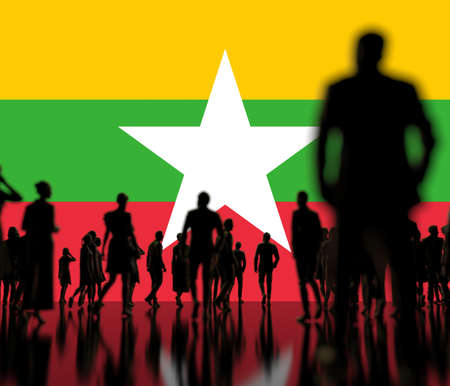 Silhoettes of unknown men and women on the flag of Myanmar background. 3d renderingの写真素材