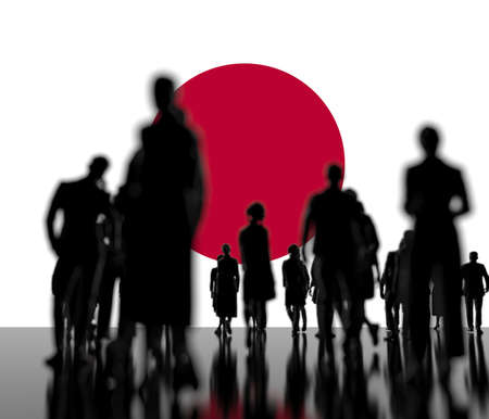 Silhoettes of unknown men and women on the flag of Japan background. 3d renderingの写真素材
