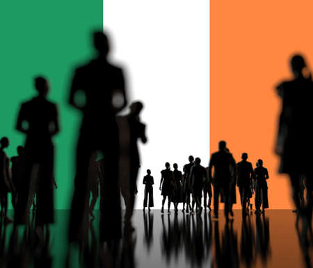 Silhoettes of unknown men and women on the flag of Ireland background. 3d renderingの写真素材
