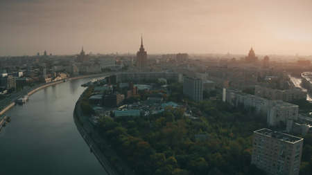 Aerial view of Moscow involving Russian White House or the House of the Government of the Russian Federation early in the morningの写真素材