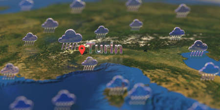 Rainy weather icons near Turin city on the map, weather forecast related 3D renderingの写真素材