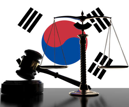 Judge gavel, scales and flag of South Korea 3d renderingの写真素材
