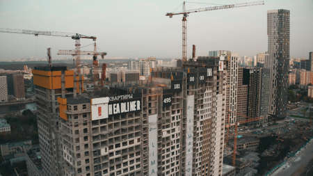 MOSCOW, RUSSIA - SEPTEMBER 27, 2020. Aerial shot of the Headliner upper class residential complex construction siteのeditorial素材