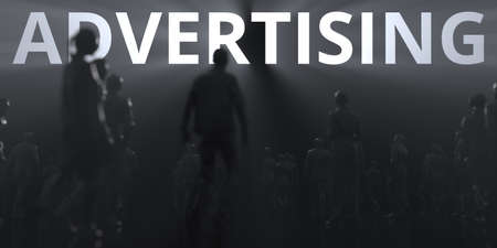 ADVERTISING word and backlit anonymous crowd conceptual 3d rendering
