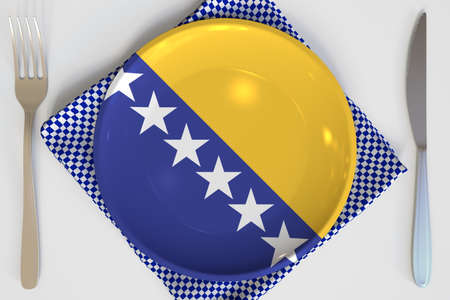 Plate with flag of Bosnia on the table. National dishes conceptual 3d renderingの写真素材