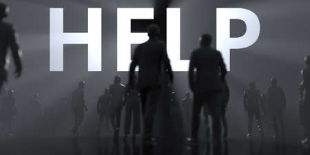 HELP word and backlit anonymous crowd conceptual 3d rendering