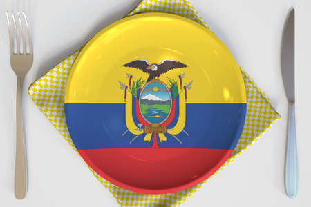 Top-down view of the plate with flag of Ecuador, national cuisine conceptual 3d renderingの写真素材