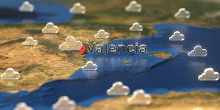 Valencia city and cloudy weather icon on the map, weather forecast related 3D renderingの写真素材