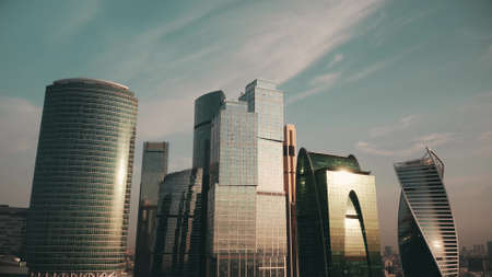 MOSCOW, RUSSIA - SEPTEMBER 27, 2020. Aerial shot of the Moscow City International Business Center skyscrapers early in the morningのeditorial素材