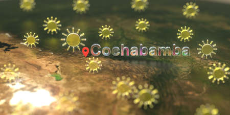 Sunny weather icons near Cochabamba city on the map, weather forecast related 3D rendering