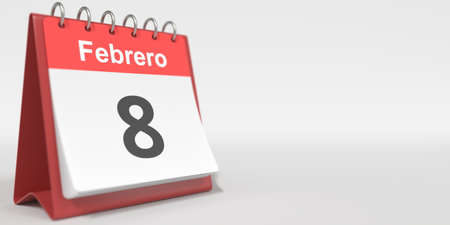 February 8 date written in Spanish on the flip calendar, 3d renderingの写真素材