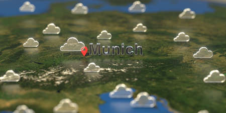 Cloudy weather icons near Munich city on the map, weather forecast related 3D rendering