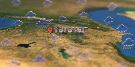 Rainy weather icons near Yerevan city on the map, weather forecast related 3D renderingの写真素材