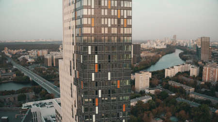 MOSCOW, RUSSIA - SEPTEMBER 27, 2020. Aerial orbiting shot of the Headliner upper class residential...