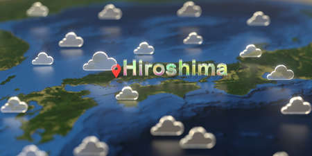 Cloudy weather icons near Hiroshima city on the map, weather forecast related 3D renderingの写真素材