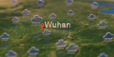 Rainy weather icons near Wuhan city on the map, weather forecast related 3D rendering