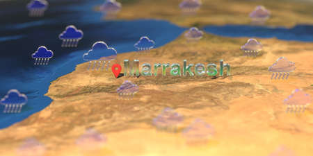 Marrakesh city and rainy weather icon on the map, weather forecast related 3D rendering