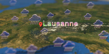 Rainy weather icons near Lausanne city on the map, weather forecast related 3D rendering