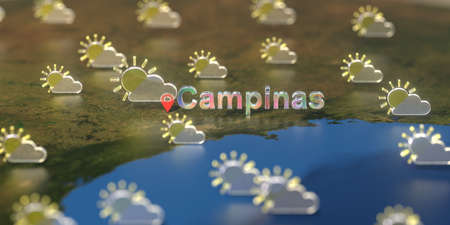 Campinas city and partly cloudy weather icon on the map, weather forecast related 3D rendering