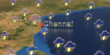 Chennai city and stormy weather icon on the map, weather forecast related 3D rendering
