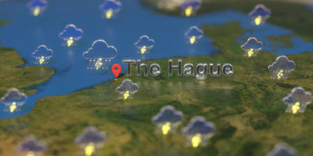 Stormy weather icons near The Hague city on the map, weather forecast related 3D renderingの写真素材