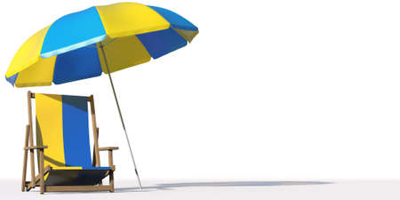 Flag of Ukraine on a beach chair under big umbrella. Vacation or travel conceptual 3d renderingの写真素材