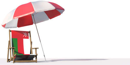 Beach chair with flag of Oman and large umbrella. Travel or vacation concepts, 3d renderingの写真素材